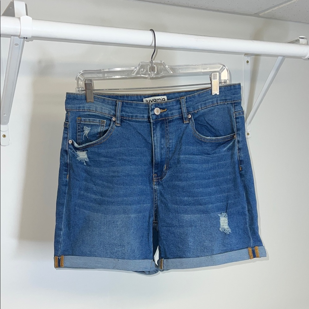 Luvamia Mid-Blue‎ Distressed Longer Length Modest Denim Shorts- L